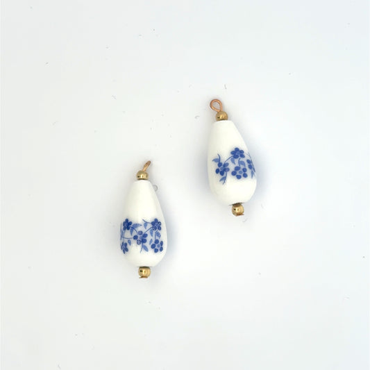 Elegant Blue Floral Tear Drop Porcelain Charm