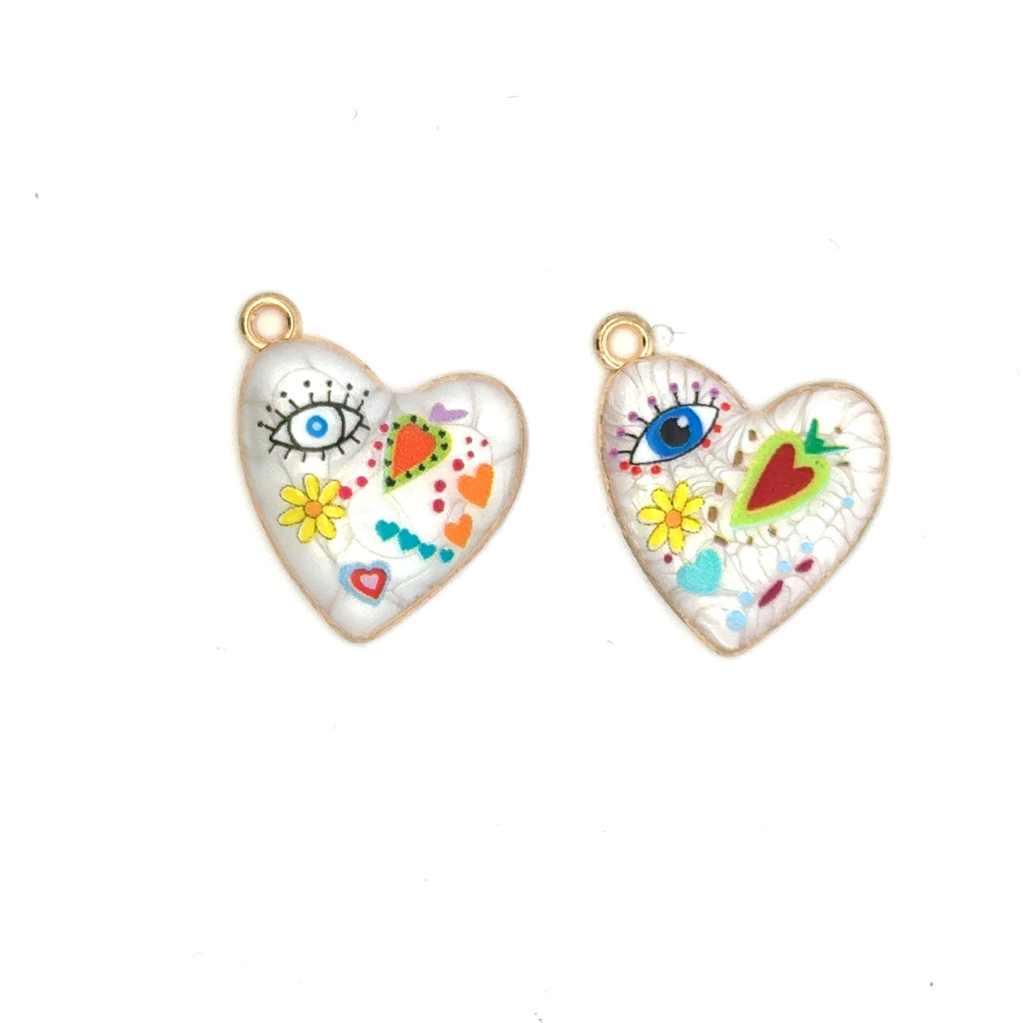 Colorful Heart-Shape White Evil Eye Charms - Gold Trim