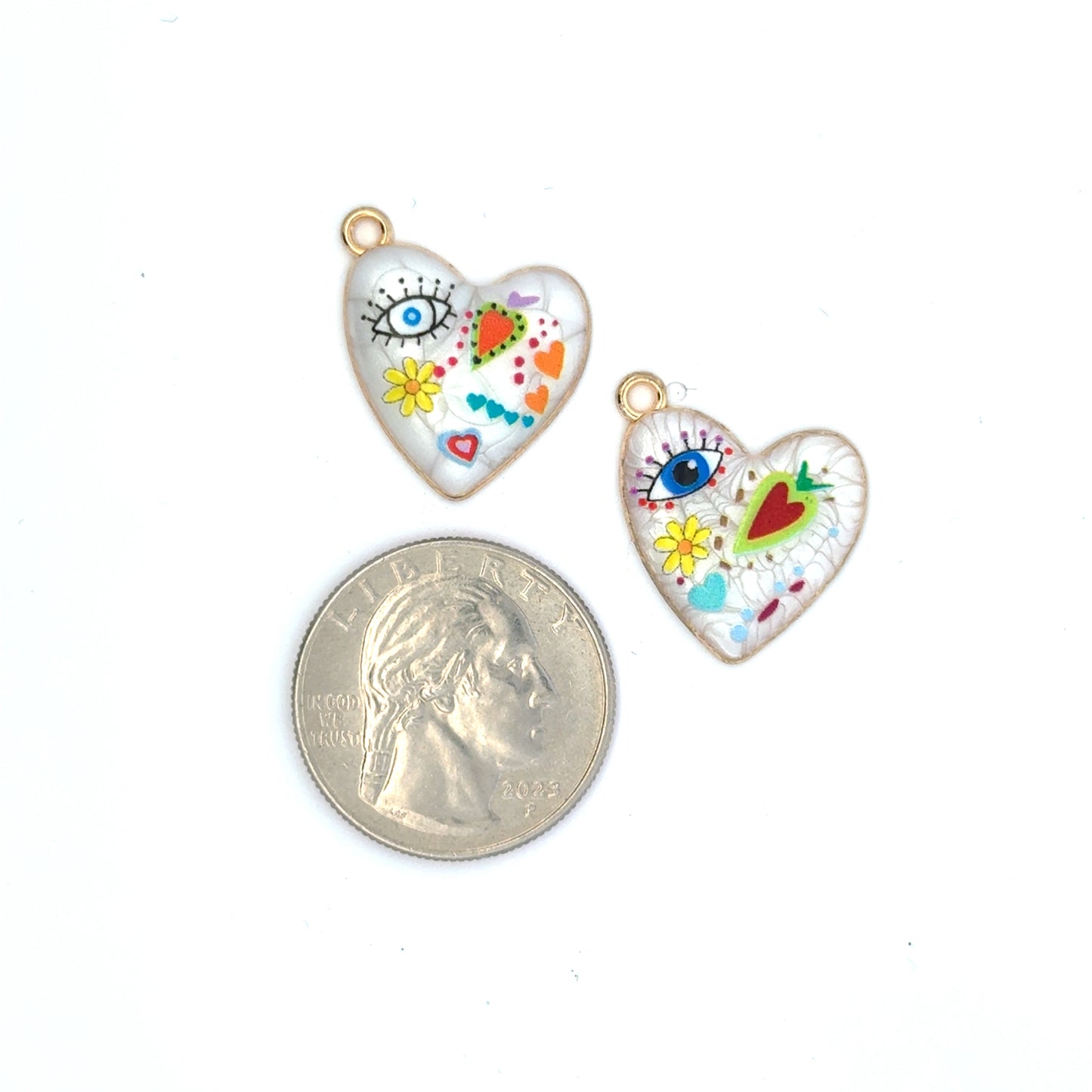 Colorful Heart-Shape White Evil Eye Charms - Gold Trim