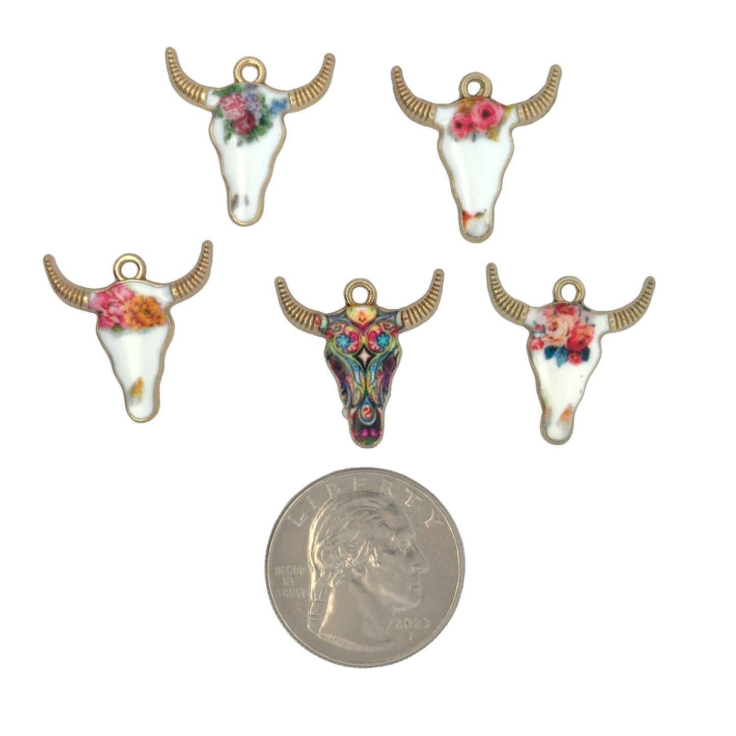 Charming Floral Bull Skull Charms