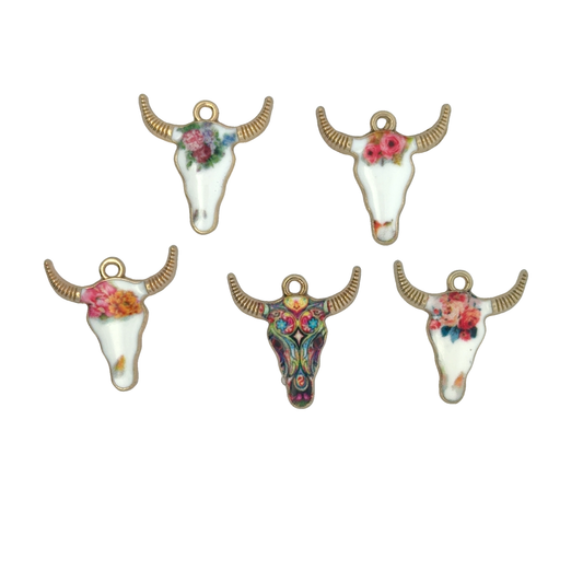 Charming Floral Bull Skull Charms