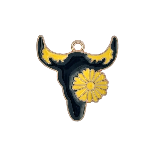 Charming Bull Skull Charm with Yellow Flower